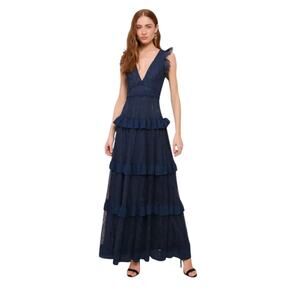 LULUS‎ Marvelous Darling Navy Blue Lace Ruffled Tiered Maxi Dress-Size M